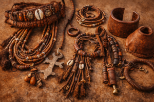 Traditional Himba jewelry made of beads and leather representing memory and life stages