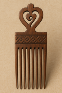 Wooden Adinkra comb carved with the Duafe symbol.