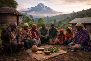 Kikuyu family gathered at a homestead near Mount Kenya for a communal prayer and offering