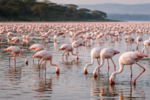 Flamingos feeding in Lake Nakuru’s shallow alkaline waters