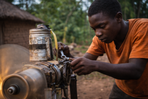 Ernest Andrew adjusting his homemade generator in his village workshop