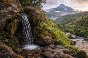 Mountain spring emerging from rocks on Mount Kenya that feeds downstream farms