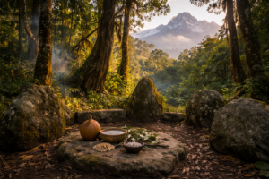Sacred grove and small shrine beneath Mount Kenya with carved stones and offerings