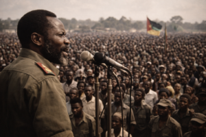 Samora Machel speaking at a mass rally in post-independence Mozambique