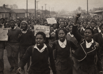 Students marching during the 1976 Soweto Uprising to protest apartheid education laws