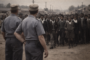 Apartheid police confronting unarmed students during the Soweto Uprising