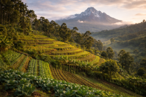 Terraced farms on Mount Kenya’s slopes with the mountain peak in the distance