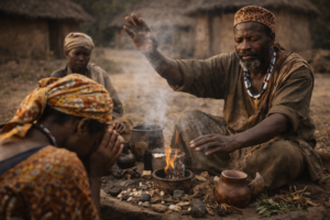 African healer performing a ritual to restore spiritual balance
