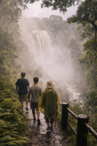 Visitors walking the rainforest trail beside Victoria Falls