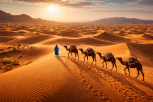 Camel caravan crossing the Sahara Desert