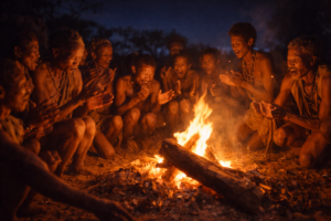 San trance healing dance ceremony around a fire