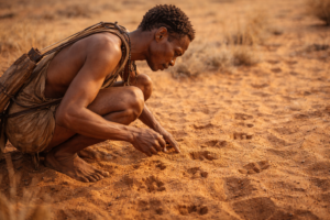 San hunter tracking footprints in desert sand