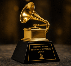 Grammy Lifetime Achievement Award trophy on display.