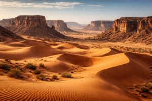Rocky plateaus and sand dunes of the Sahara Desert