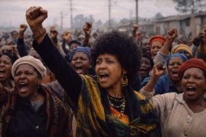 Township protests during apartheid with Winnie Mandela present
