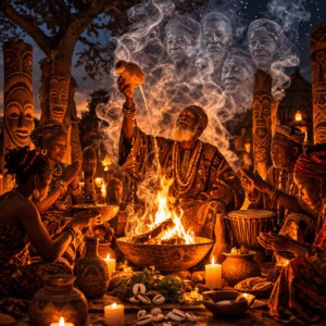 Traditional African ancestral ritual ceremony around a sacred fire.