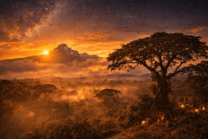 Mount Kenya at sunrise representing sacred landscapes in African cosmology.