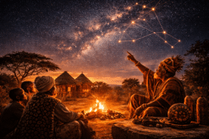 African elders teaching children about the stars beneath a clear night sky.