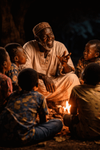 African elder sharing stories with children representing wisdom and oral tradition