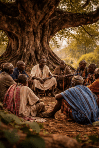Kikuyu elders gathered under a Mugumo tree representing traditional governance and culture