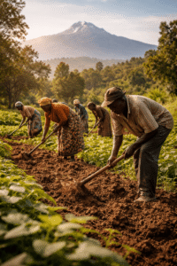 African farmers cultivating land representing traditional wealth and resourcefulness