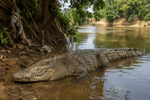 African crocodile emerging from a sacred river linked to mythology and ancestral beliefs.