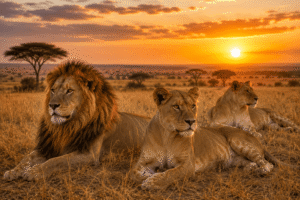 Lions resting in the Serengeti grasslands at sunset