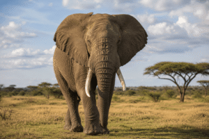 African elephant walking through savannah landscape representing wisdom and leadership.