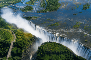 Victoria Falls viewed from above with mist rising into the sky