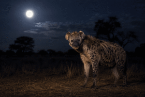 African spotted hyena under moonlight inspired by traditional folklore and oral storytelling.