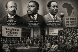 Historic Pan-African Congress gathering featuring African and diaspora leaders, alongside portraits of W. E. B. Du Bois, Marcus Garvey, and Kwame Nkrumah.