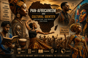 Vibrant collage of African cultural expression featuring traditional dress, music, dance, literature, and art symbolizing Pan-African identity and cultural revival.