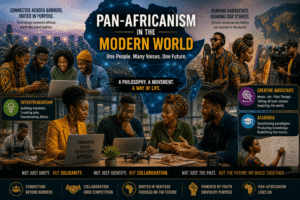 Modern Pan-Africanism illustration showing African youth collaborating through technology, entrepreneurship, creative arts, and education across borders.