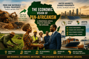 Visual representation of Pan-African economic cooperation highlighting African Continental Free Trade Area, industrial growth, agriculture, and intra-African trade systems