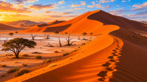 Giant red sand dunes in Namibia’s Namib Desert