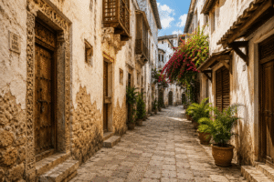 Narrow alleyway lined with coral-stone houses in Lamu Old Town.