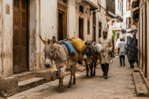 Donkeys carrying goods through a narrow street in Lamu Old Town.