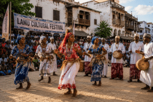 Participants performing traditional dances during the Lamu Cultural Festival.