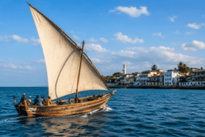 Traditional dhow sailing across the Indian Ocean near Lamu Island.