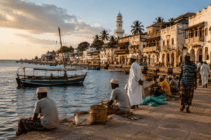 Residents and fishermen along the waterfront in Lamu Island, Kenya.