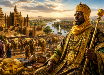 Majestic illustration of the Mali Empire with a royal ruler overlooking a thriving medieval West African city.