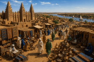 Artistic reconstruction of medieval Timbuktu during the Mali Empire.