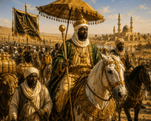 Mansa Musa leading a grand caravan during his pilgrimage to Mecca.