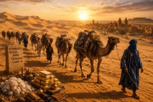 Camel caravan crossing the Sahara during the trans-Saharan trade.