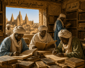 Scholars studying ancient manuscripts in Timbuktu.