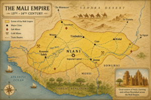 Historical map of the Mali Empire in medieval West Africa.