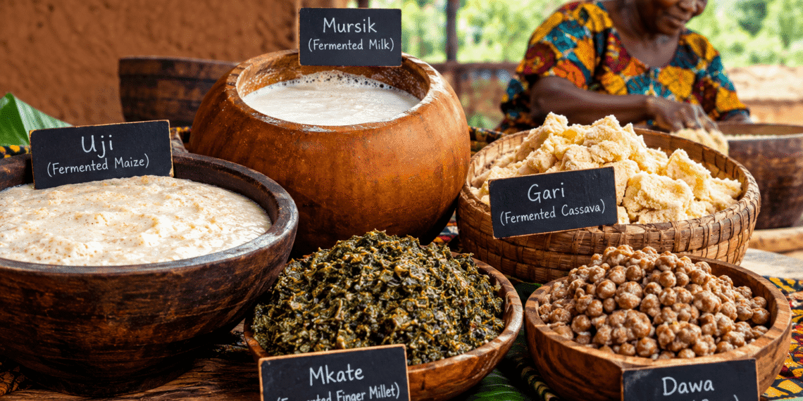 Traditional African fermented foods displayed in wooden bowls, including fermented porridge, milk and cassava products