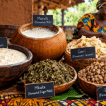 Traditional African fermented foods displayed in wooden bowls, including fermented porridge, milk and cassava products