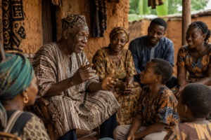 African elder sharing family history with a child