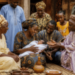 African family gathered during a traditional naming ceremony
